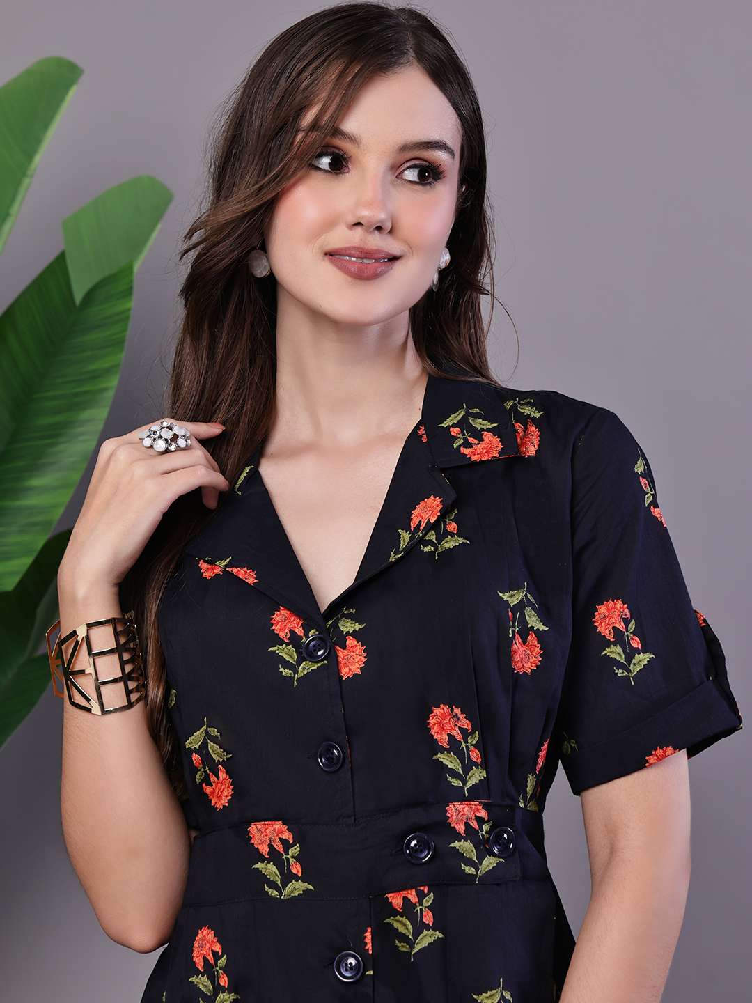 Women's Elegant Indigo & Orange Floral Block Print Cotton Shirt Dress - Image 4