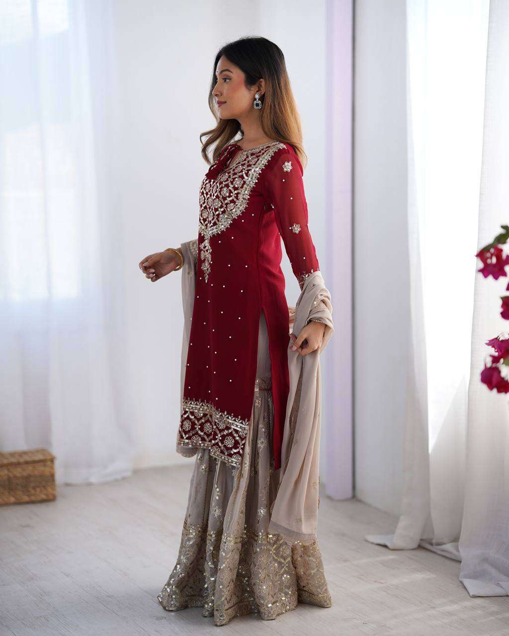 Women's Faux Georgette Sequins Embroidered Straight Kurta With Sharara Suit and Dupatta Set - Image 7