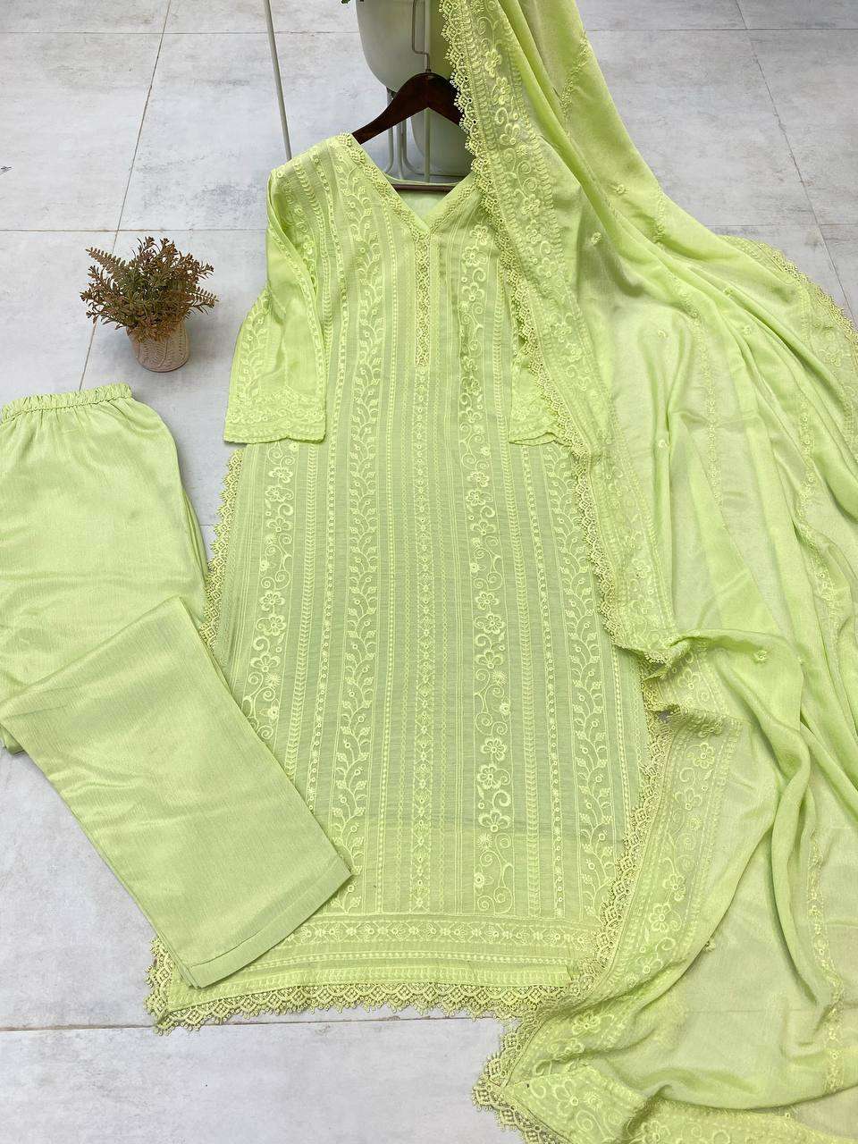 Women's Chinon Silk with Cotton Thread Embroidery Straight Kurti With Pant and Dupatta set - Image 14