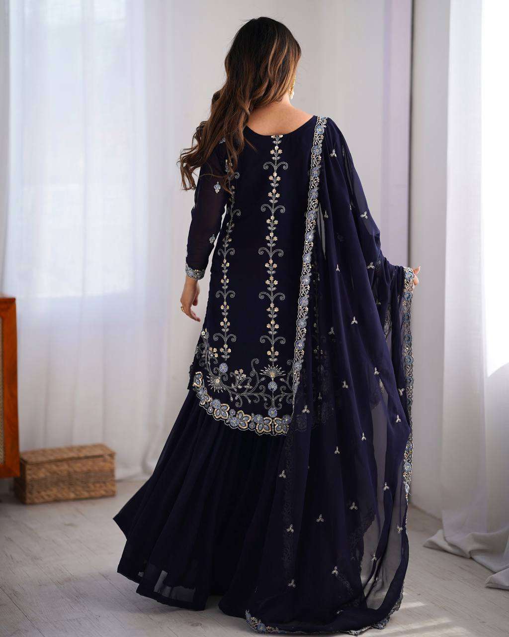 Women's Faux Georgette Sequins & Thread Work Straight Kurta With Sharara Suit and Dupatta Set - Image 5